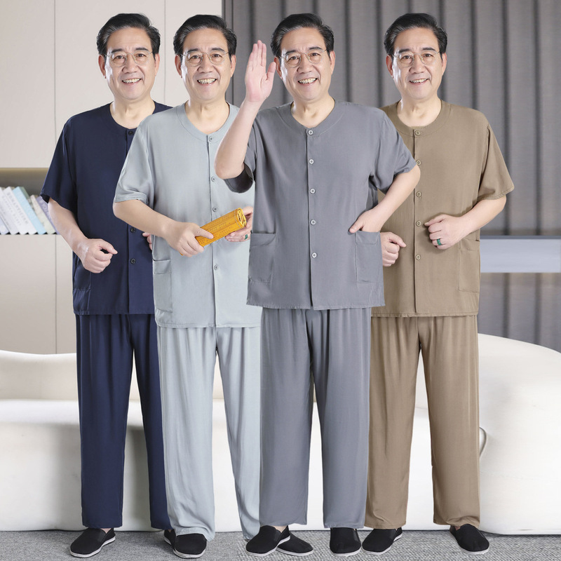 Dad's Summer Short-Sleeved Suit, Men's Cotton Silk Cardigan, Middle-Aged and Elderly Casual Shirt, Grandpa's Loose Cotton Silk Two-Piece Set