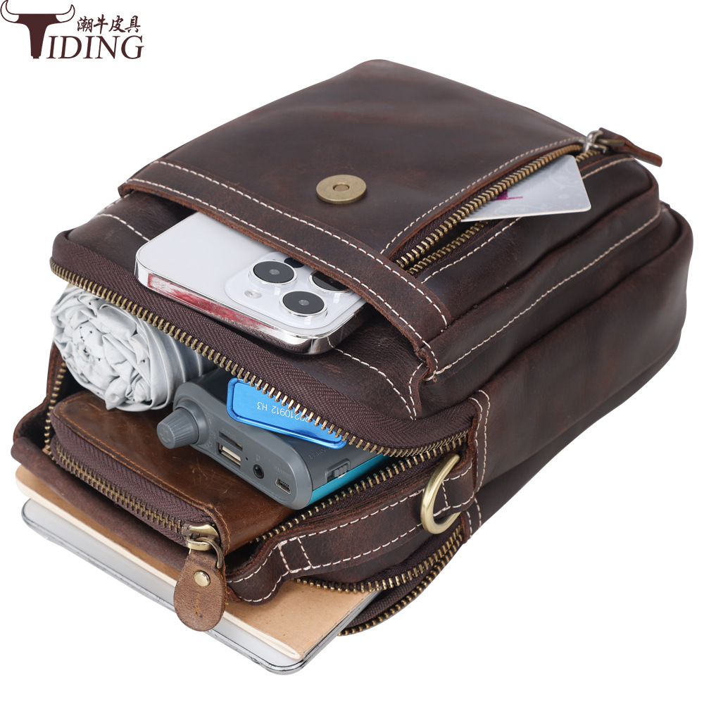 De moda de la vendimia de cuero genuino de los hombres bolsa de hombro primera capa de piel de vaca bolsa de mensajero Crazy Horse de cuero casual bolso del teléfono móvil de los hombres