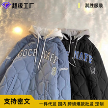 美式复古菱形格个性连帽ins字母印花棉服男士秋冬新款休闲棒球服