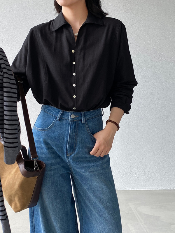 江左 韩系长袖贝壳扣纯色女式衬衫女2025设计感气质叠穿衬衣 6339|undefined