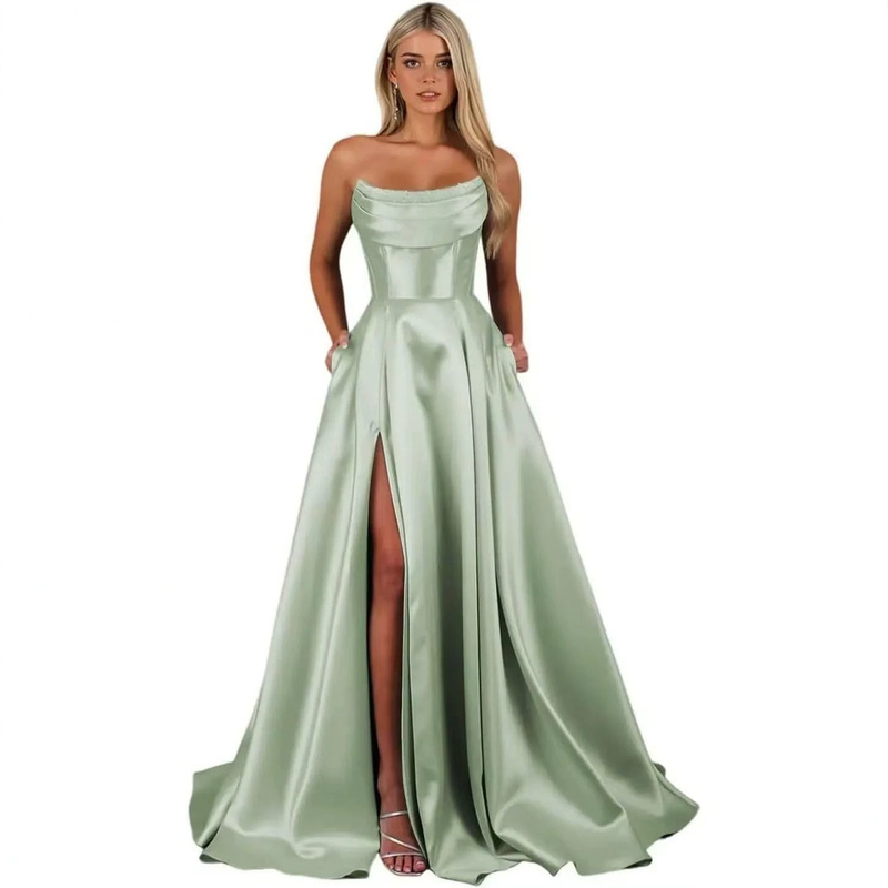 Amazon Cross-Border Strapless Solid Color Satin Long Evening Gown with Slit, European and American Style, Elegant and Fashionable Ball Gown