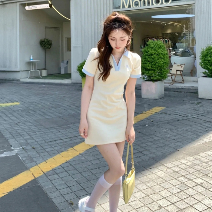 2025夏季新款小众设计感奶甜系少女感显瘦辣妹短裙撞色短袖polo连|undefined