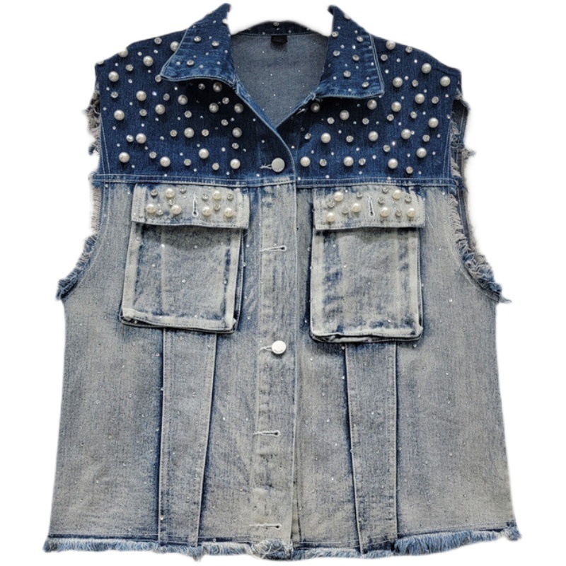 Estación Europea 2023 primavera y verano nueva moda gradiente uñas perla Denim Chaleco de las mujeres sueltas todo fósforo abrigo chaleco moda