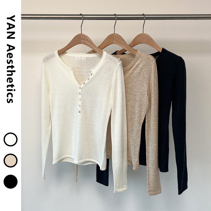 Henry Collar Shell Button Half-Open Collar Long-Sleeve Knit Sweater for Women, New High-End Slim-Fit Casual Versatile Top