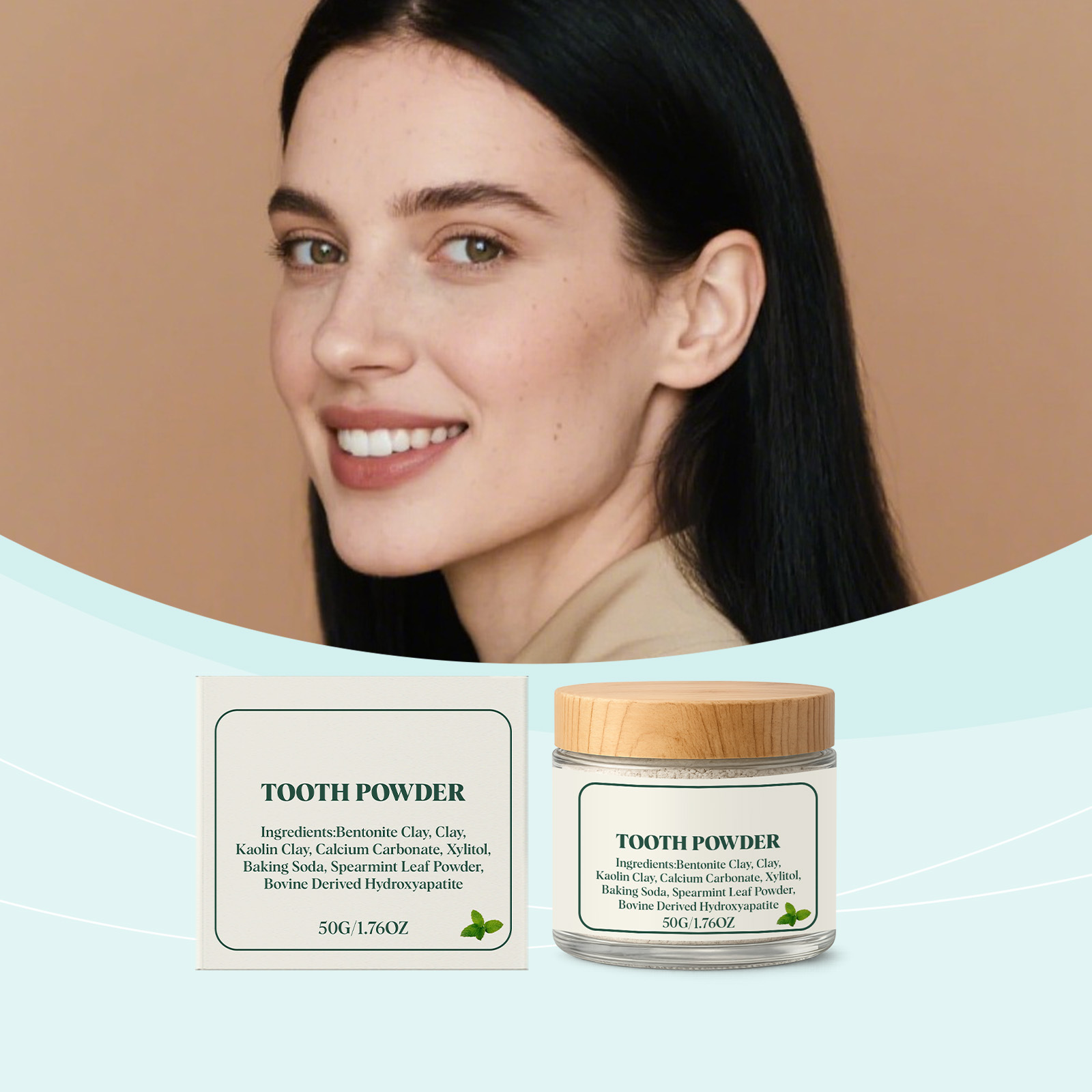 Mint Stain-Removing Tooth Powder with Mild Ingredients for Daily Teeth Cleaning, Leaving Teeth Clean, Fresh, and Shiny, and Providing Oral Freshening Care