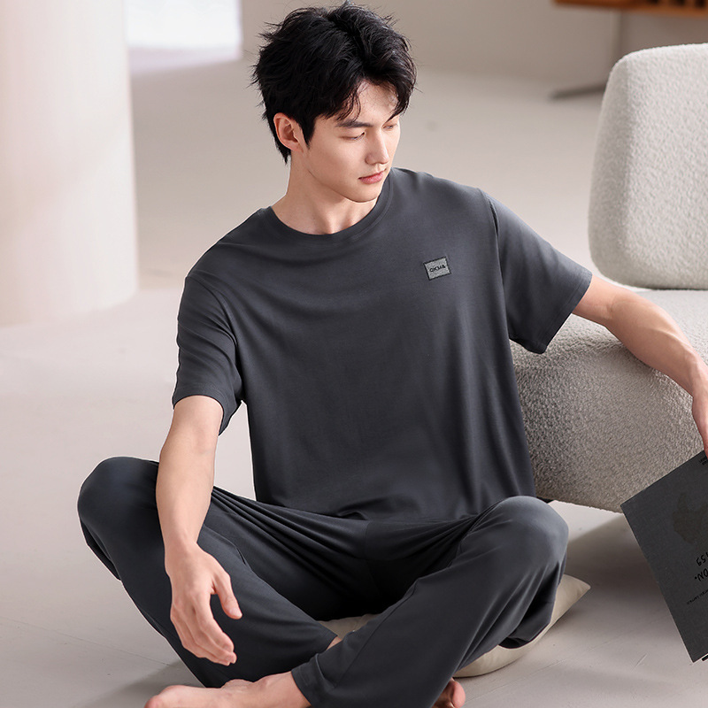 男性用パジャマ夏の新しいモーダル半袖ズボン 2 点セットティーンエイジャー薄型スタイルは家の服の外で着用できます大きいサイズ|undefined