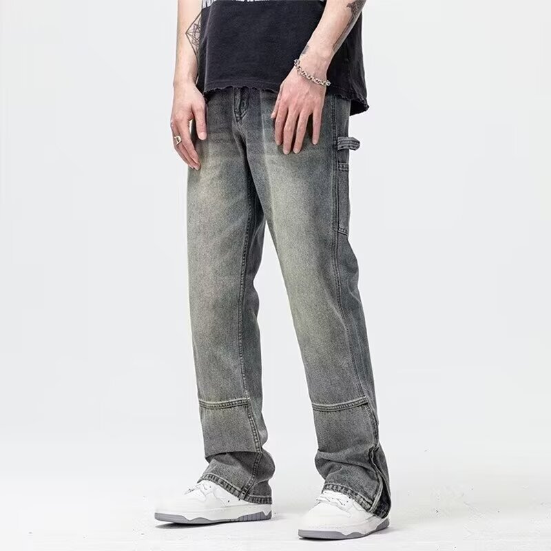 High Street Zipper Jeans Men's Summer New Washed Old American Style Retro Tooling Design Sense Loose Straight Wide Leg High Street Zipper Jeans Men's Summer New Washed Old American Style Retro Tooling Design Sense Loose Straight Wide Leg