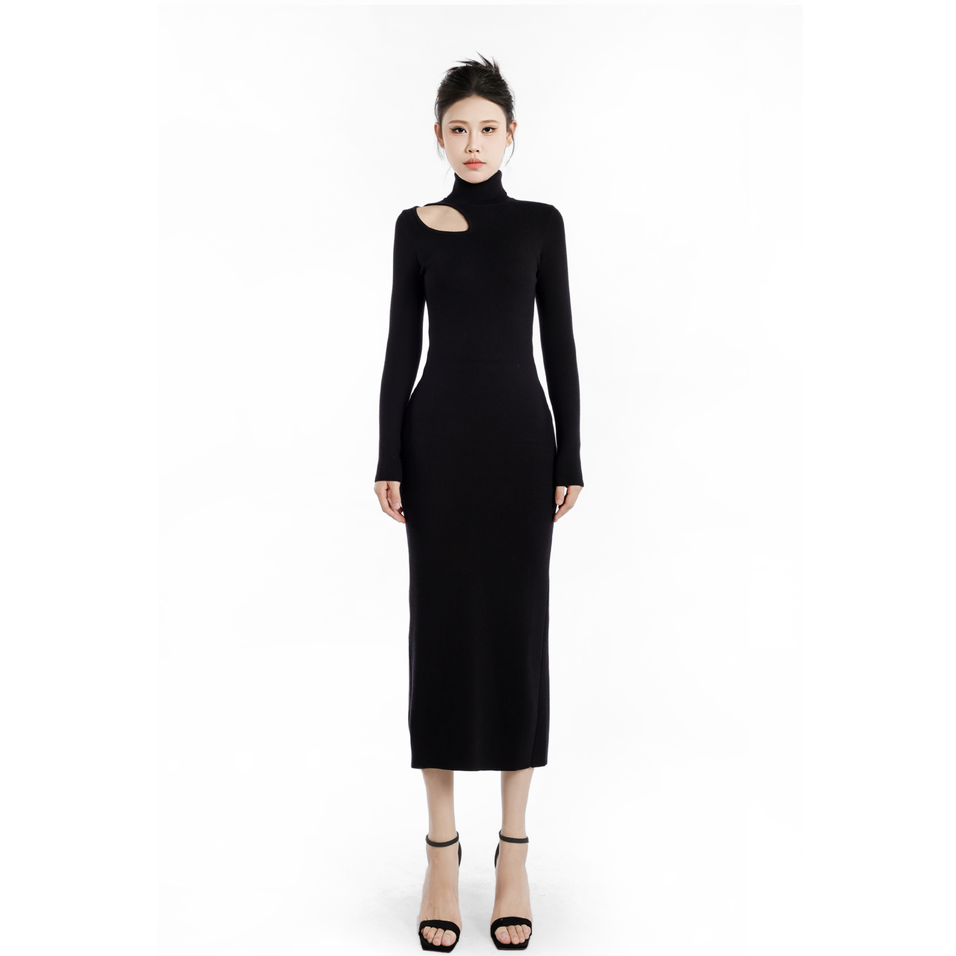 DLGT2980赫本风半高领针织长袖连衣裙高级感修身显瘦内搭打底长裙