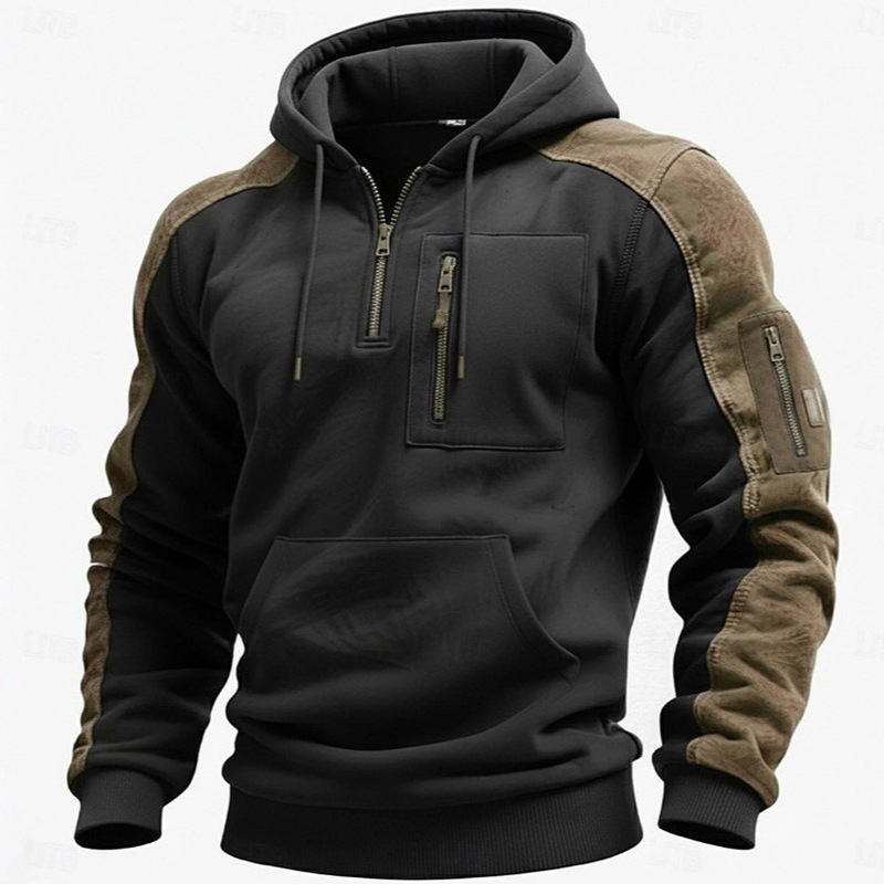 Men's Hooded Quarter-Zip Tactical Sweatshirt, Black, Simple Half-Zip with Kangaroo Pocket, Casual for Everyday Wear Men's Hooded Quarter-Zip Tactical Sweatshirt, Black, Simple Half-Zip with Kangaroo Pocket, Casual for Everyday Wear