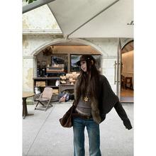 2025秋冬新款美式风宽松拼接毛毛时尚百搭蝙蝠袖针织毛衣开衫女潮