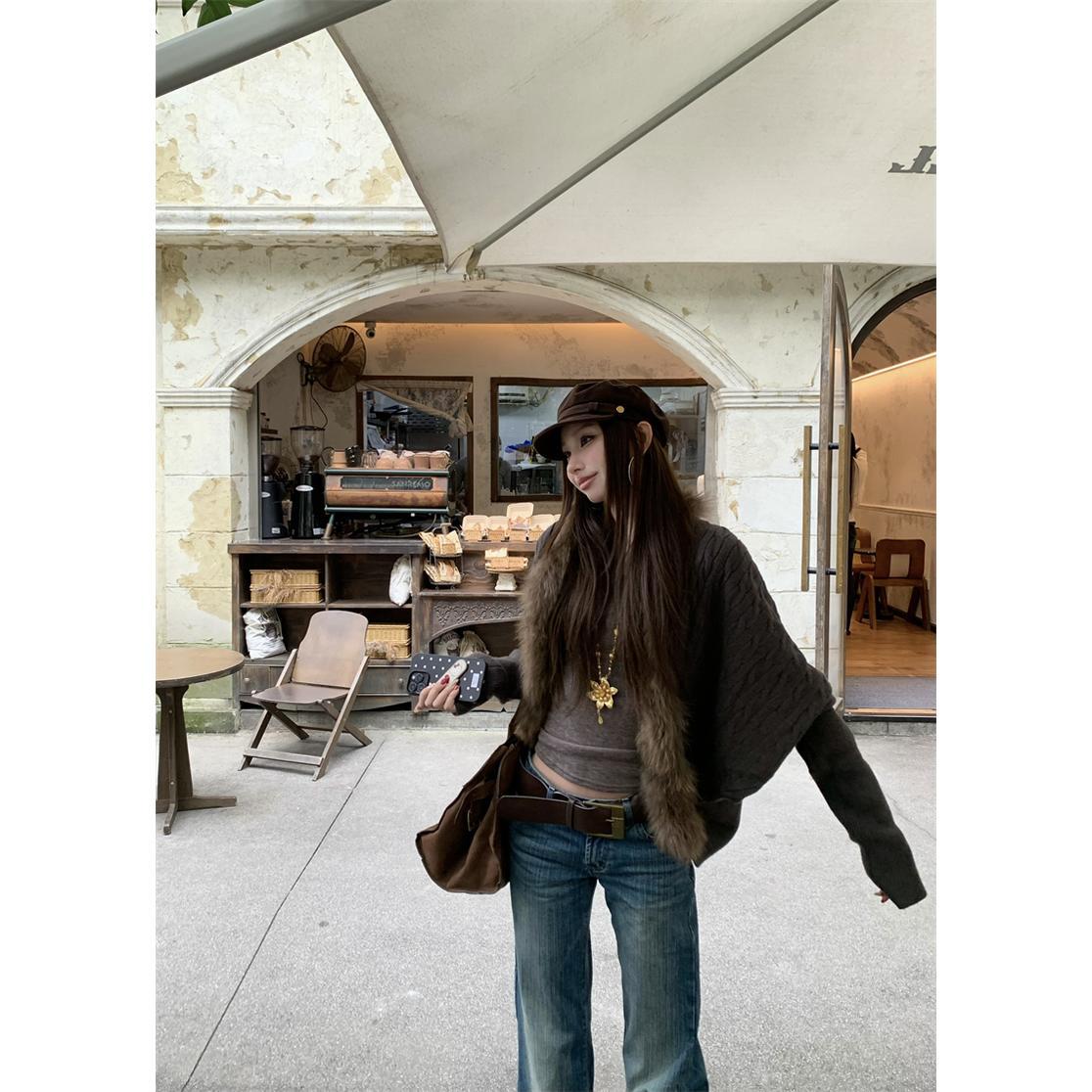 2025秋冬新款美式风宽松拼接毛毛时尚百搭蝙蝠袖针织毛衣开衫女潮