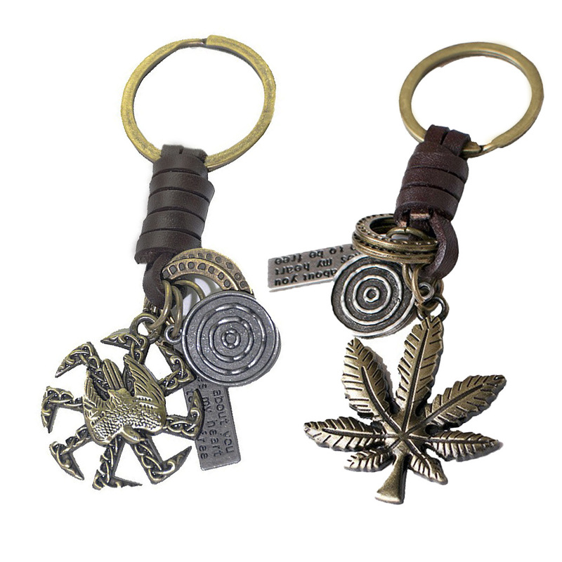 Alloy Maple Leaf Keychain Retro Braided Cowhide Rope Key Chain Clothing Accessories Gear Hot Wheels Pendant