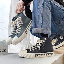 新款透气平跟时尚高帮圆头休闲水染做旧帆布硫化鞋男男鞋1292舒适