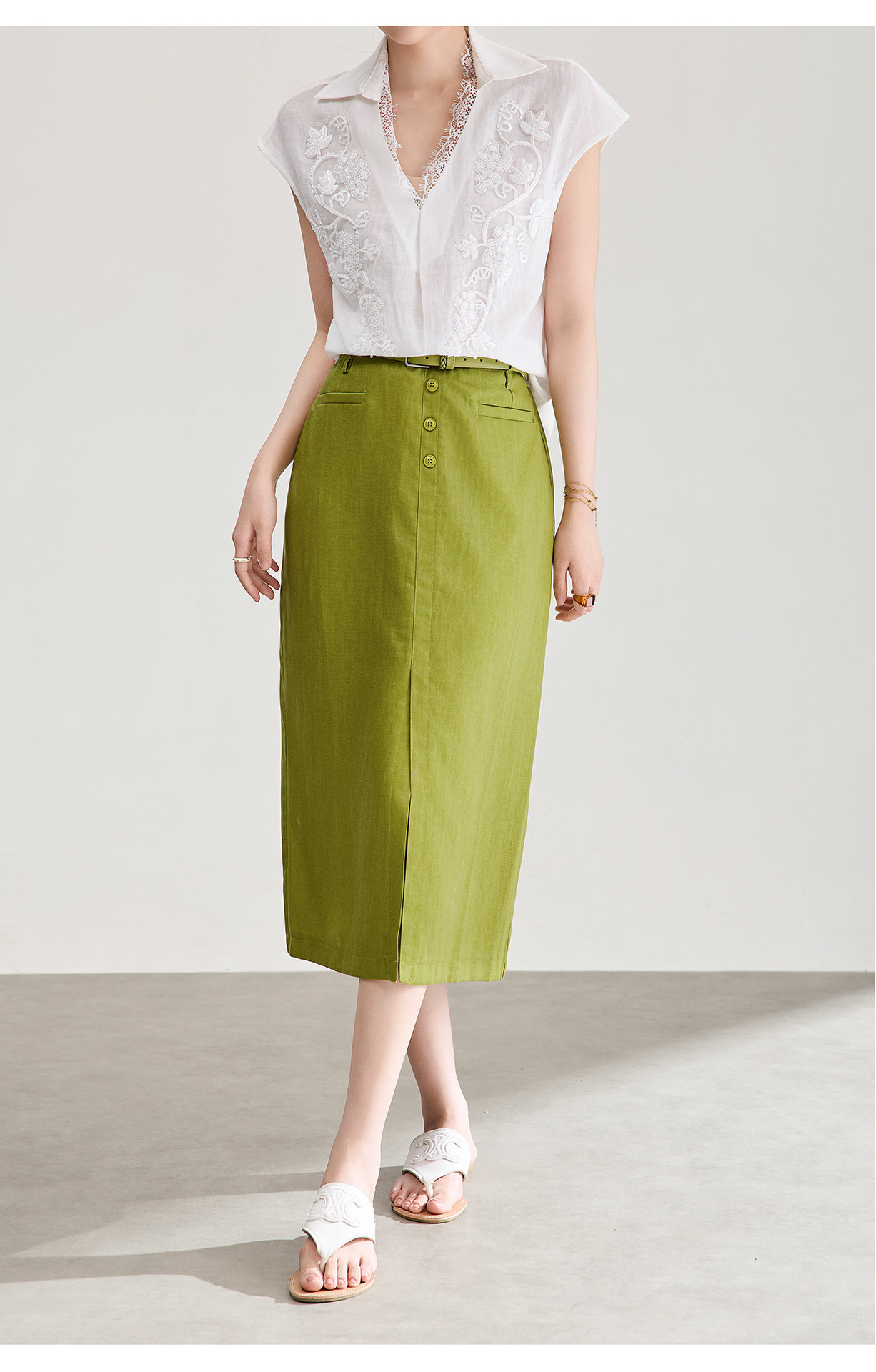 Chân váy xếp ly nữ xòe chất liệu tencel linen thoáng mát — Màu gai dầu thô chi tiết 14