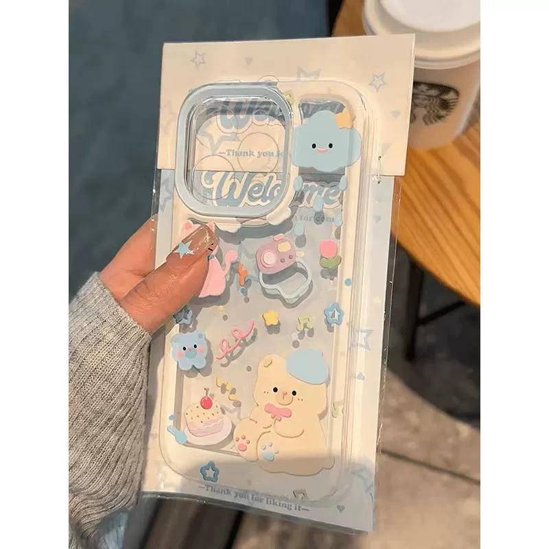 Phone Case (Apple iPhone 15 Series) Cute 3D Bear Design, Transparent Soft TPU with Camera Lip