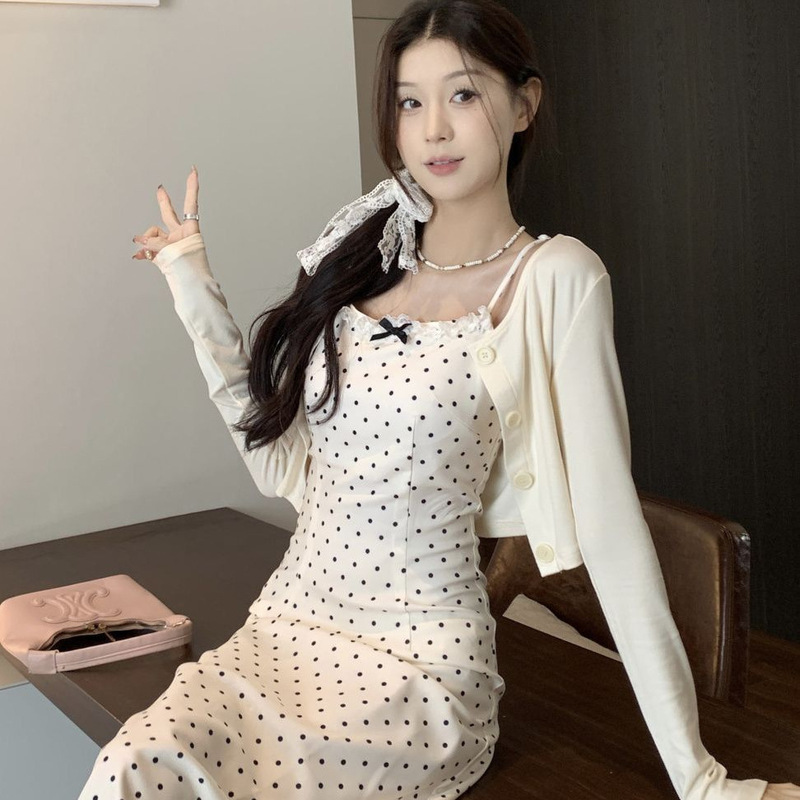 Korean Polka Dot Suspender Bow Dress Women's Summer New Style Gentle Elegant Small Mid-Length A-Line Skirt Korean Polka Dot Suspender Bow Dress Women's Summer New Style Gentle Elegant Small Mid-Length A-Line Skirt