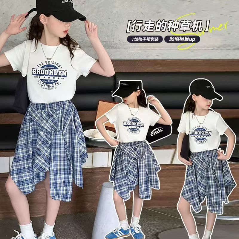 Girls Summer Thin Breathable Short Sleeve T-Shirt Set 2025 New Children's Plaid Skirt Two-Piece Set