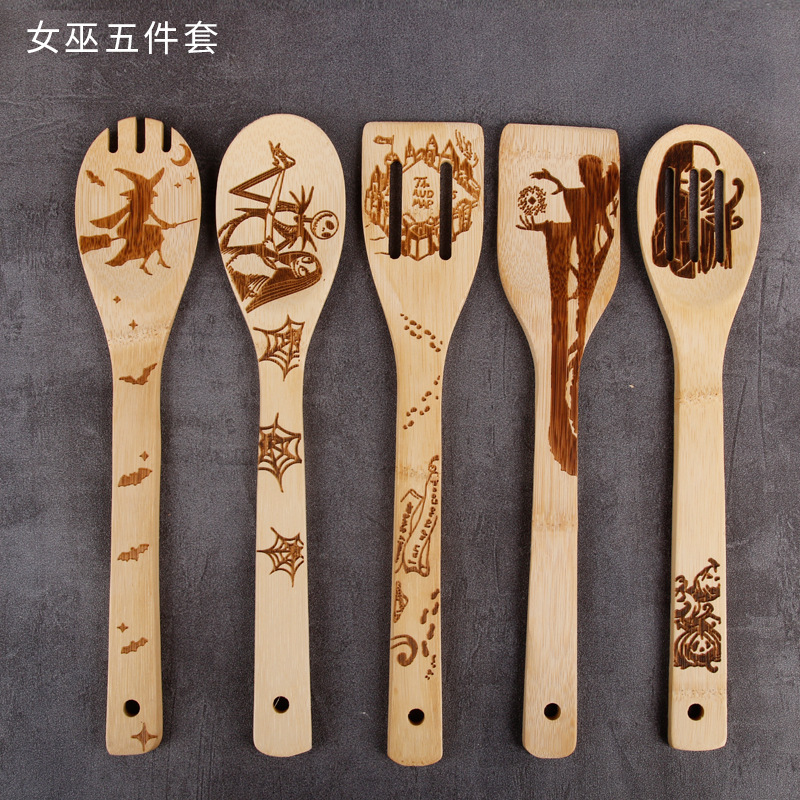 Espátula de cocina de bambú patrón de talla creativa pala espátula de cocina fabricante de seis piezas en stock