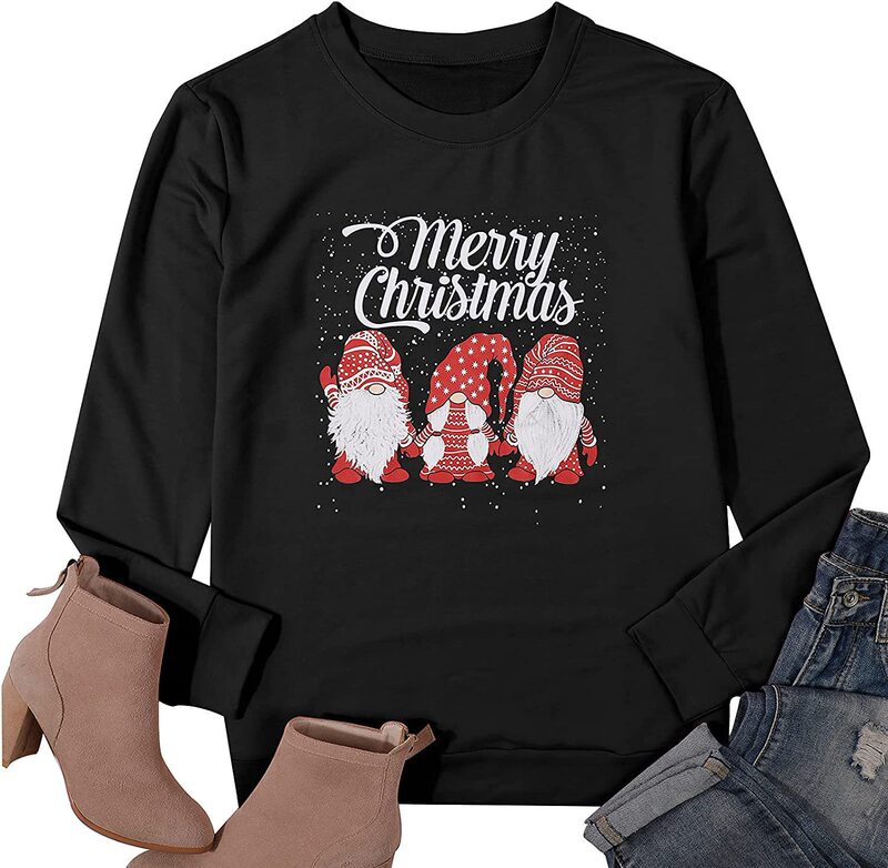 Spot European and American Christmas Women's Top Dwarf Pattern Printed Crewneck Pullover Sweatshirt Long Sleeve Sweatshirt