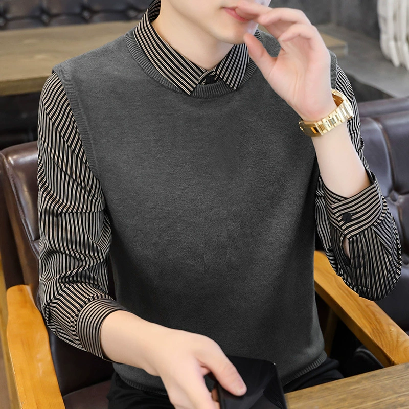 Полосатый воротник рубашки поддельный свитер из двух частей Мужской жилет вязаный свитер весенне-осенний прилив