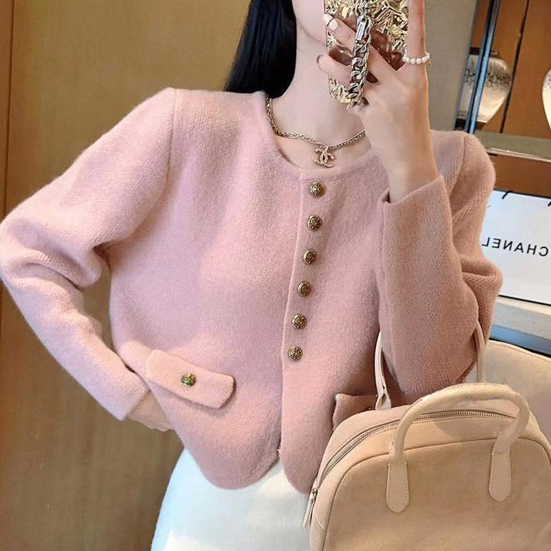 Áo khoác cardigan nữ dáng ngắn cổ tròn tay dài phong cách thanh lịch — Màu hồng [Chất lượng cao], Màu thẻ sáng [chất lượ — 4/12
