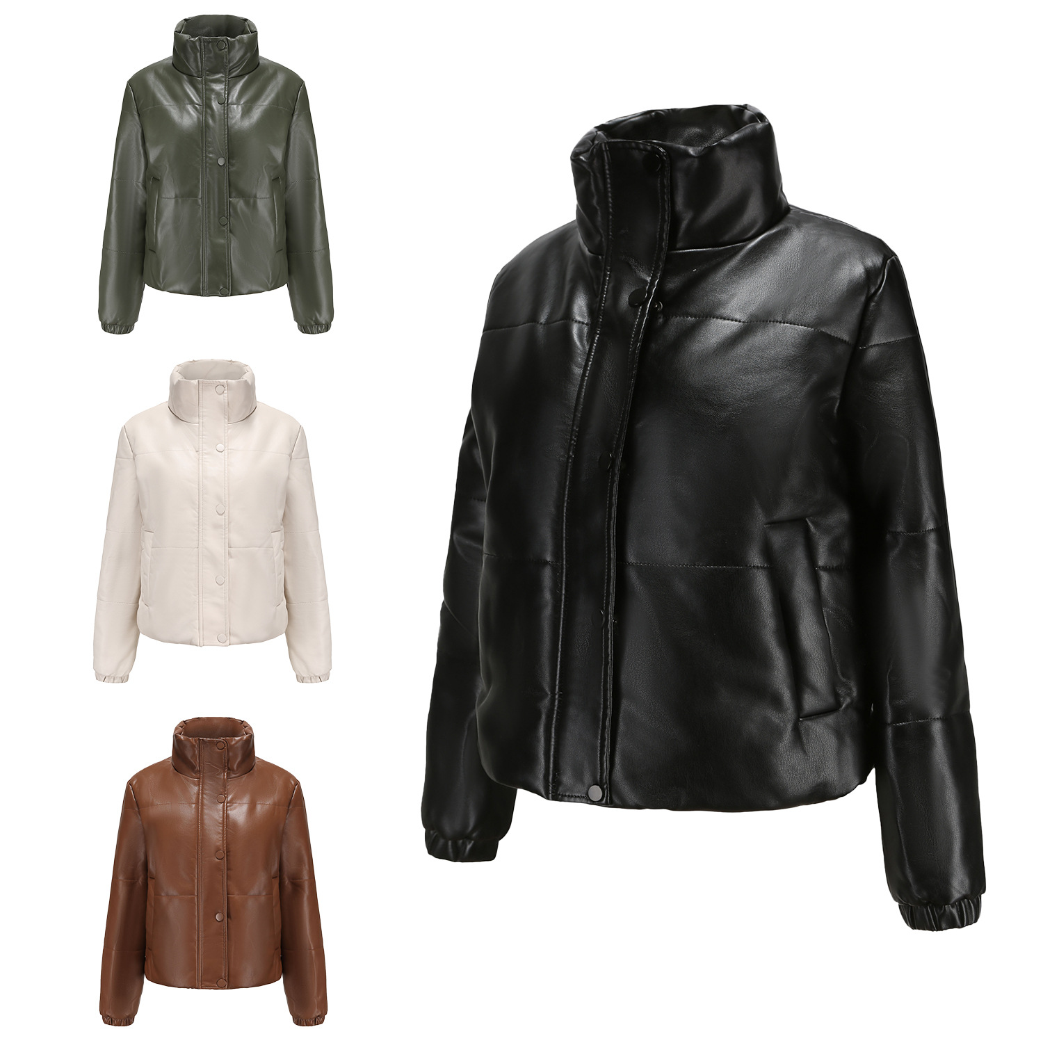 Chaqueta Corta Acolchada de Piel Sintética, PU, Cálido, con Cremallera y Cuello Alto, para Otoño e Invierno image 5