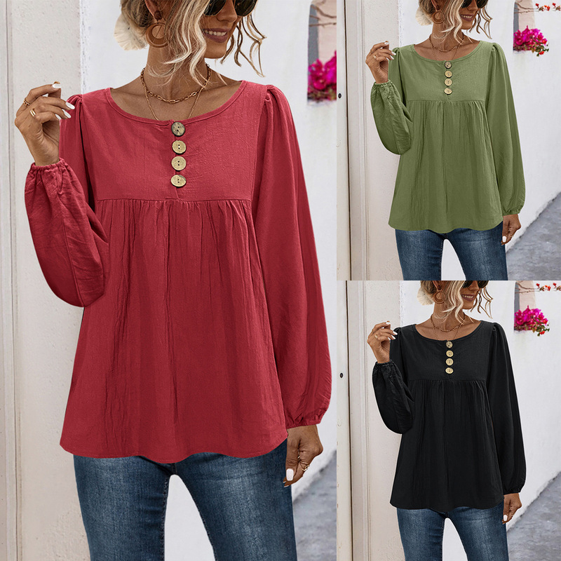 2022 Amazon ebay independent station hot sale New round neck long sleeve button loose top