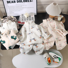 儿童家居服套装男女宝宝双面加绒加厚泡芙绒睡衣外套加保暖两件套