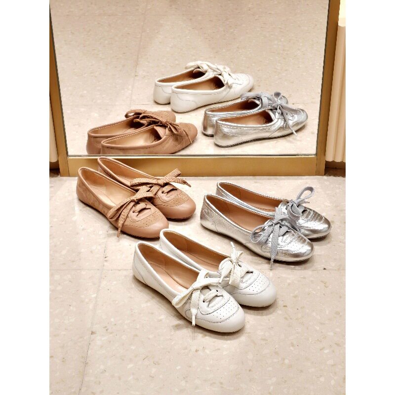 Giày búp bê nữ da cừu cổ thấp đế bằng buộc dây phong cách retro — Bạc, hàng có sẵn, Màu nude, hàng có sẵn, Màu trắng kem, hàng có sẵn