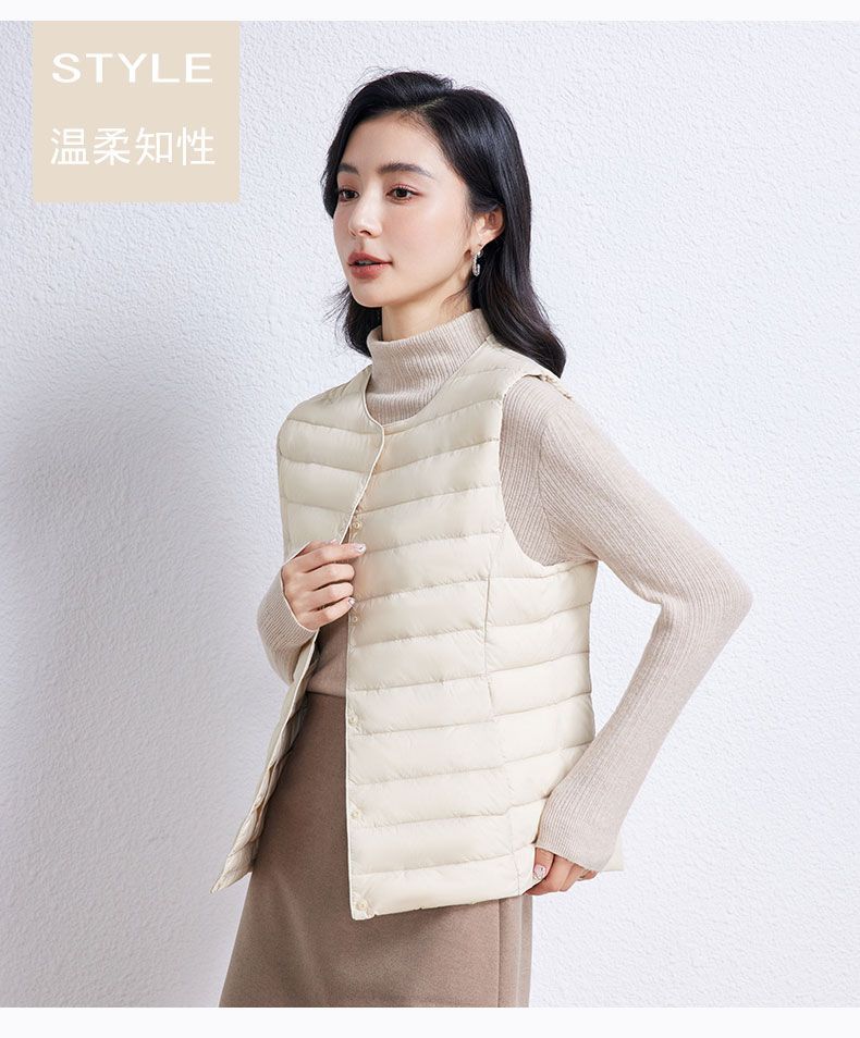 Otoño y invierno nuevo chaqueta ligera de plumón, chaleco de cuello corto de cuello redondo sin cuello ligero chaleco de color sólido