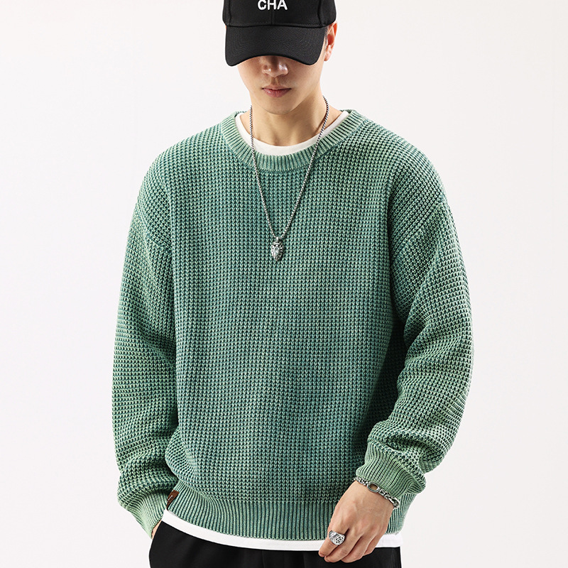 Japanese style retro round neck sweater men's off-shoulder thick wool spring and autumn ameikaji loose top sweater men's clothing