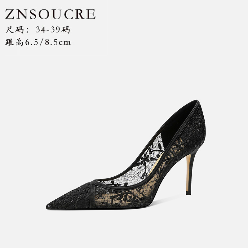 708-40 black sheepskin high heels women's new lace breathable hollow shoes fairy pointed nude thin heel shoes