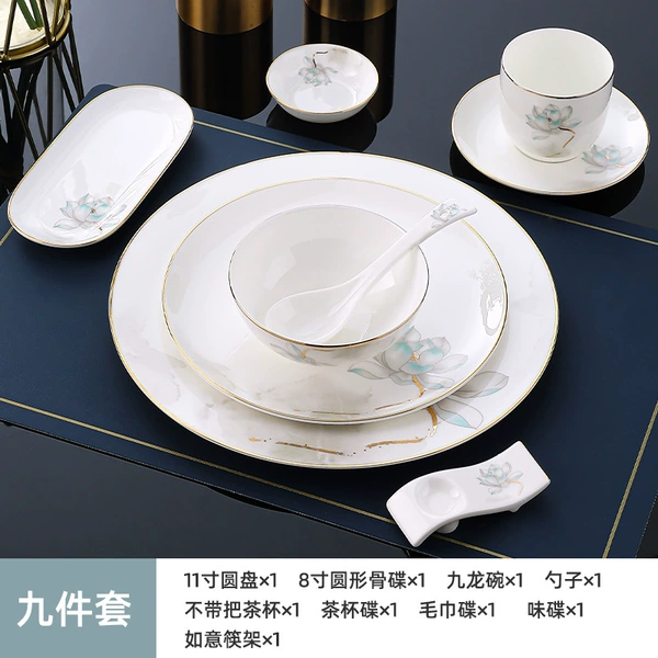 [High Bone China] Golden Lotus Large Nine-piece Set