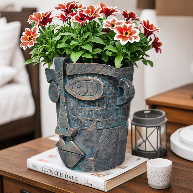 Overseas Hot Sale Picasso Inspired Bronze Face Abstract Flower Pot Resin Garden Home Garden Decoration Ornaments