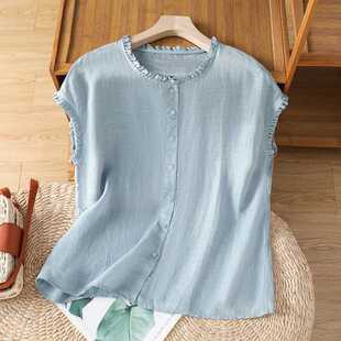 Real Shot of Cotton and Linen Non-Transparent Petite Short Ruffle Shirt with a Chic Single-Breasted Short-Sleeve Thin Blouse