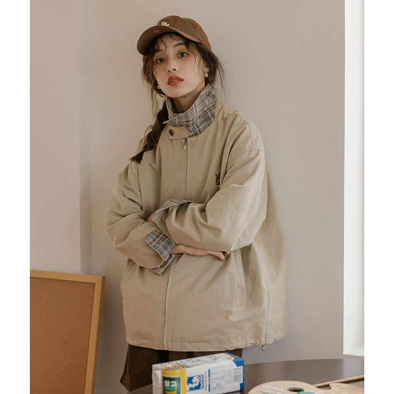 2026 Spring Japanese Retro Style Petite Plaid Patchwork Turn-Down Collar Trench Coat Jacket Top