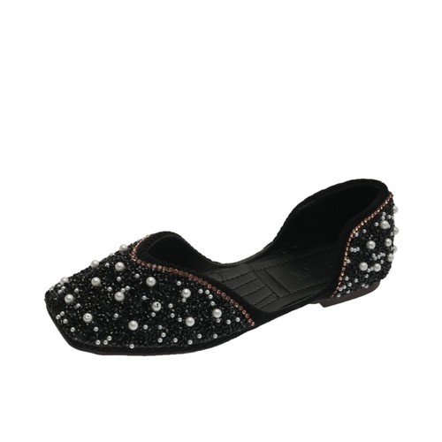 Women's Spring Bow Flat Slip-on Square Toe Soft Sole Fairy Bean Bean Shoes for Girls