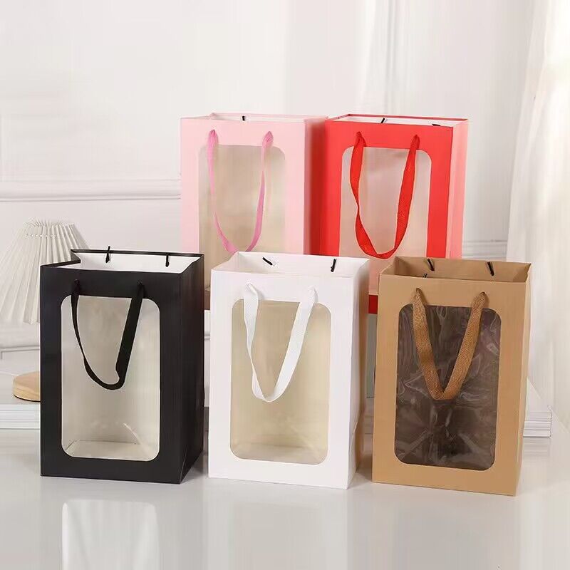 New Creative Window Opening Solid Color Tote Bag Square Base Paper Bag Tote Paper Flower Packaging Bag Gift Bag Wholesale