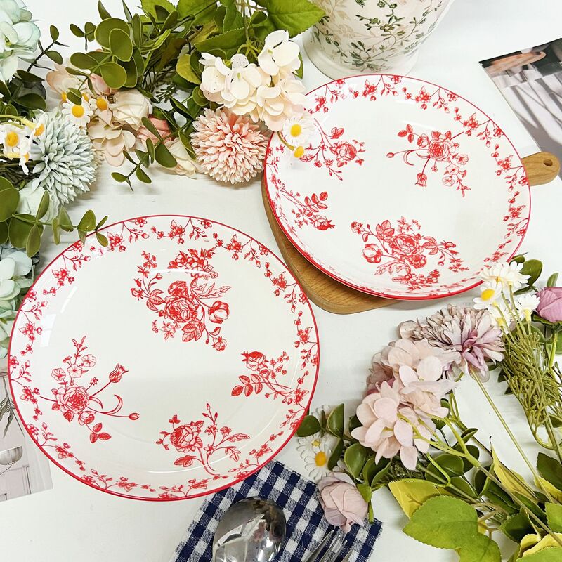 Rose Garden 8inch Course Plate Light Luxury Retro Wedding Gift Housewarming Red Household Tableware