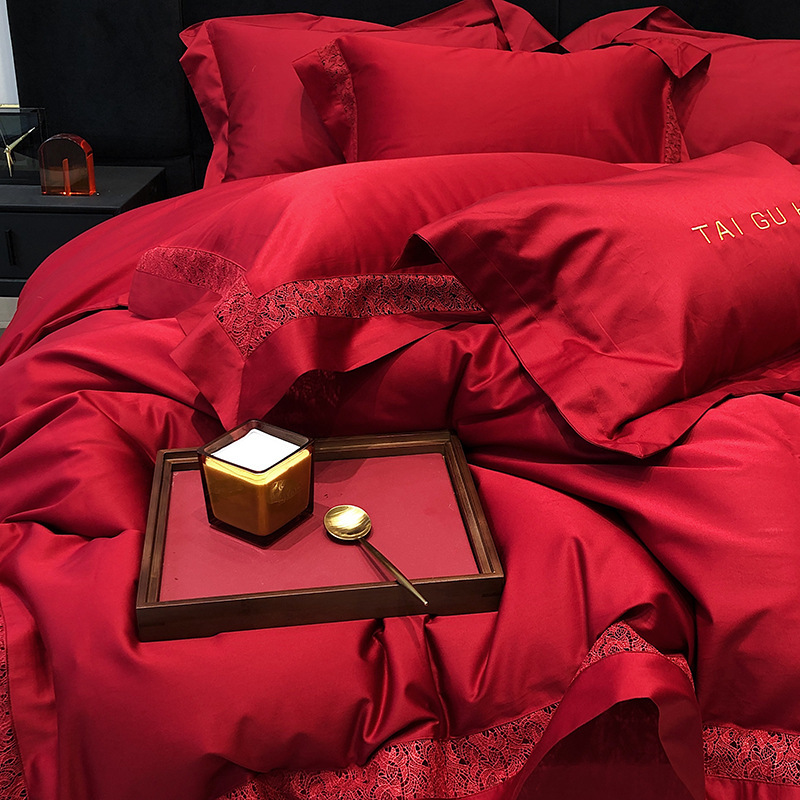 简约床品纯棉大双面红酒1004四件套红色长绒棉结婚用全棉婚庆件支