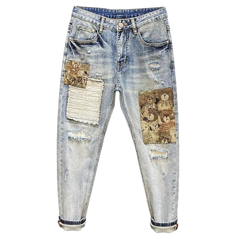 Spring And Autumn New European Style Trendy Bear Patch Ripped Jeans For Men High Street Slim Fit Skinny Pants_voghion.com