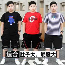 胖童装男童夏装短袖套装加肥加大12中大童夏季T恤荃棉运动套装9潮