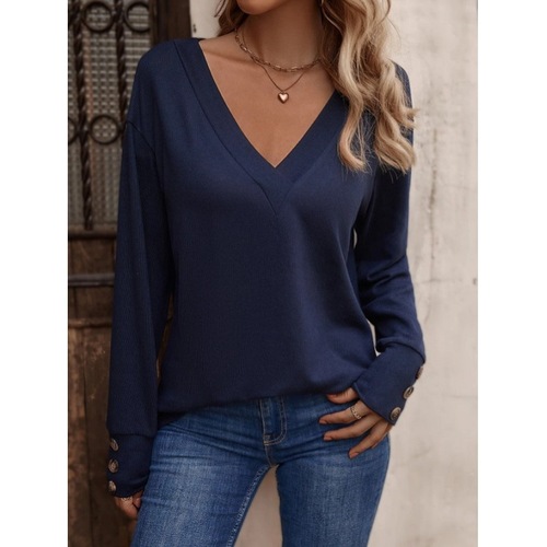 2025 European and American Cross-border Foreign Trade Women's Amazon Autumn/Winter New Pure Color V-neck Loose Long-sleeved Button-up Top