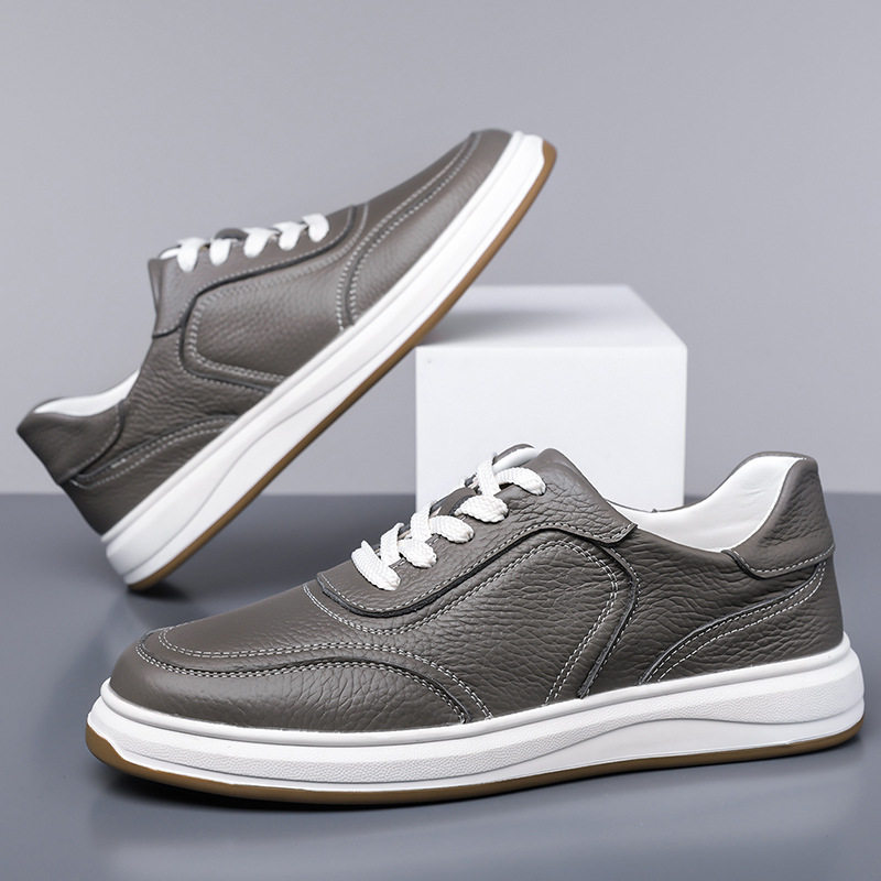 Giày sneaker nam da bò thật thoáng khí, giày trắng thời trang dây buộc phía trước — Màu trắng nhạt, màu trắng tinh khiết, màu xám, đen