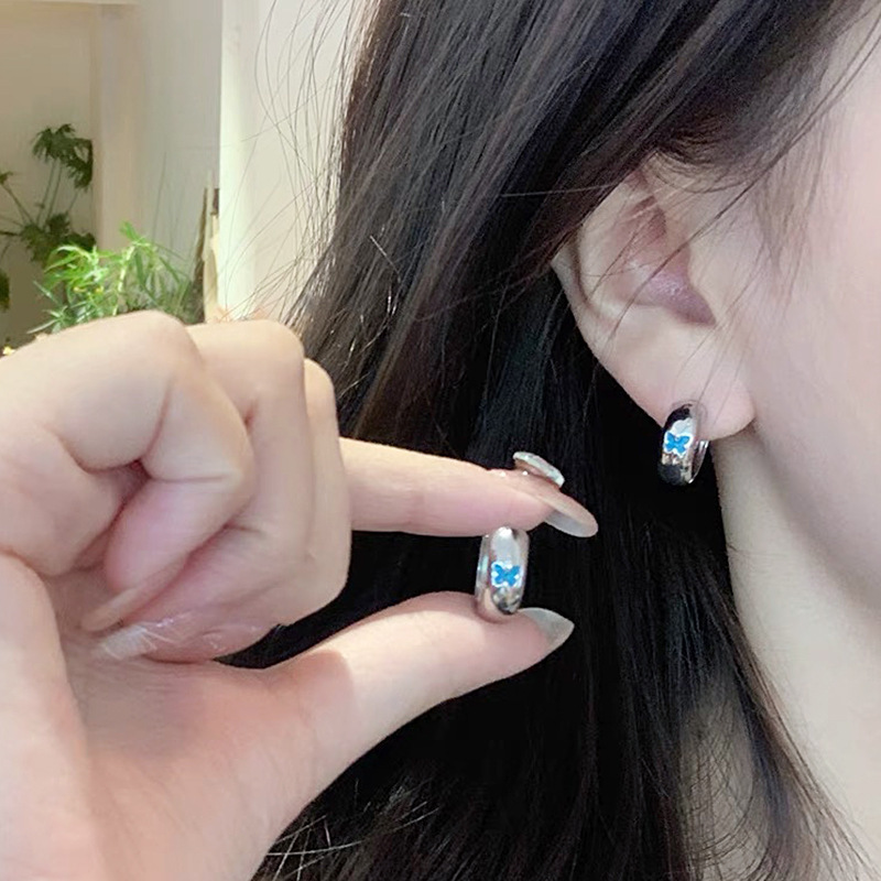 藍色滴油蝴蝶圓圈耳環女小眾設計簡約復古耳圈耳扣2023新款潮耳飾