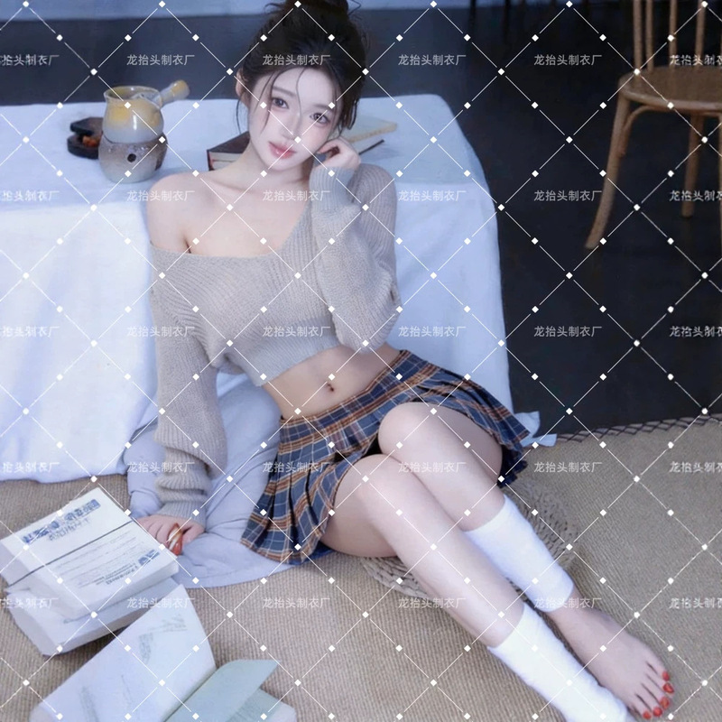 College Style Off-The-Shoulder Knit Set, Short Sweater + Plaid Pleated Skirt Two-Piece Set for Women, All-Season Hot Girl Outfit