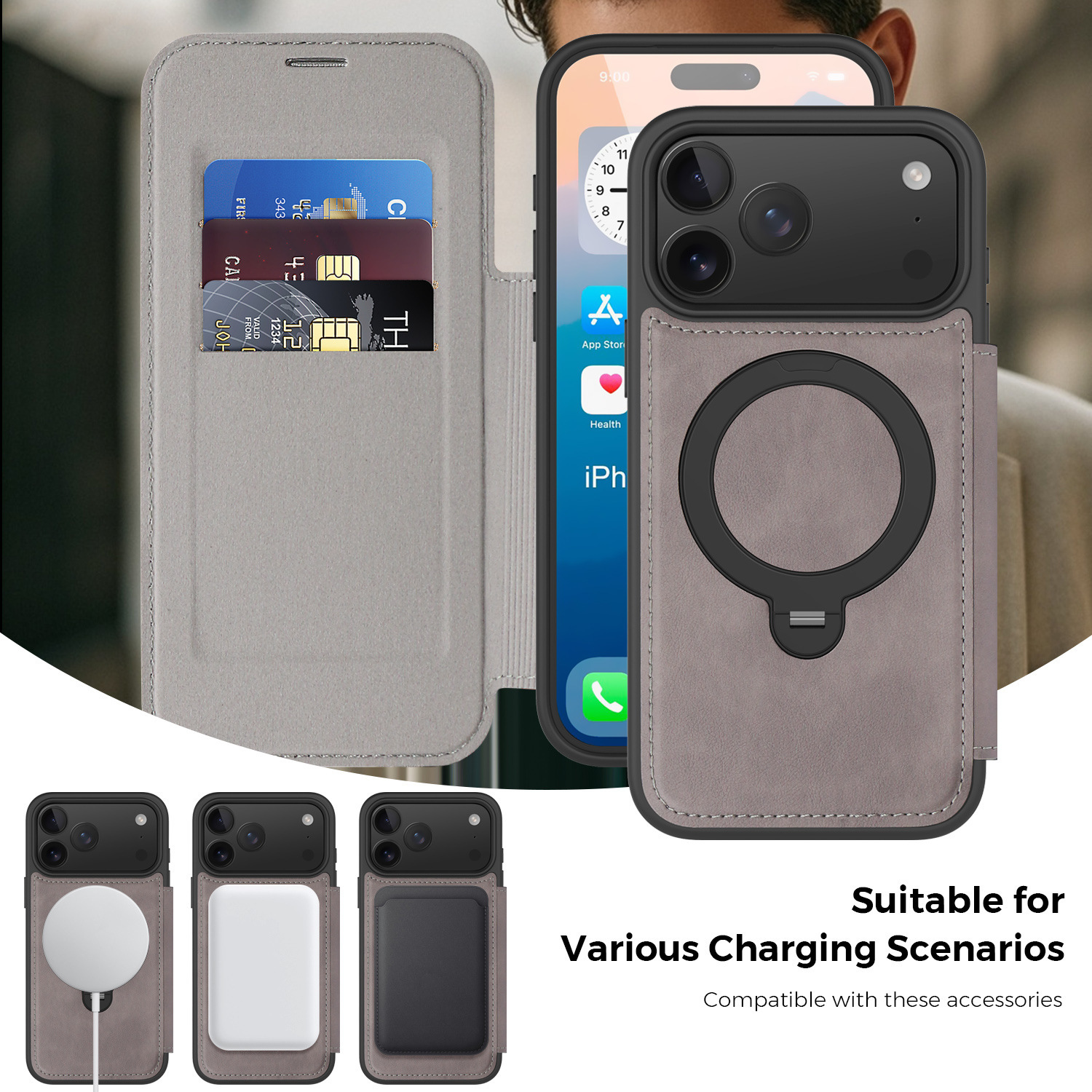 Ốp lưng da lật iPhone 16 Pro Max xoay 360 độ tích hợp giá đỡ từ tính — màu đen, màu xanh hoàng gia, Màu nâu, xám chi tiết 31