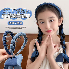子供用デニムレトロリボン歯コームヘッドバンド、女の子用ヘアタイ、小さな女の子用編み込みヘッドバンド、高頭頂ヘアアクセサリー