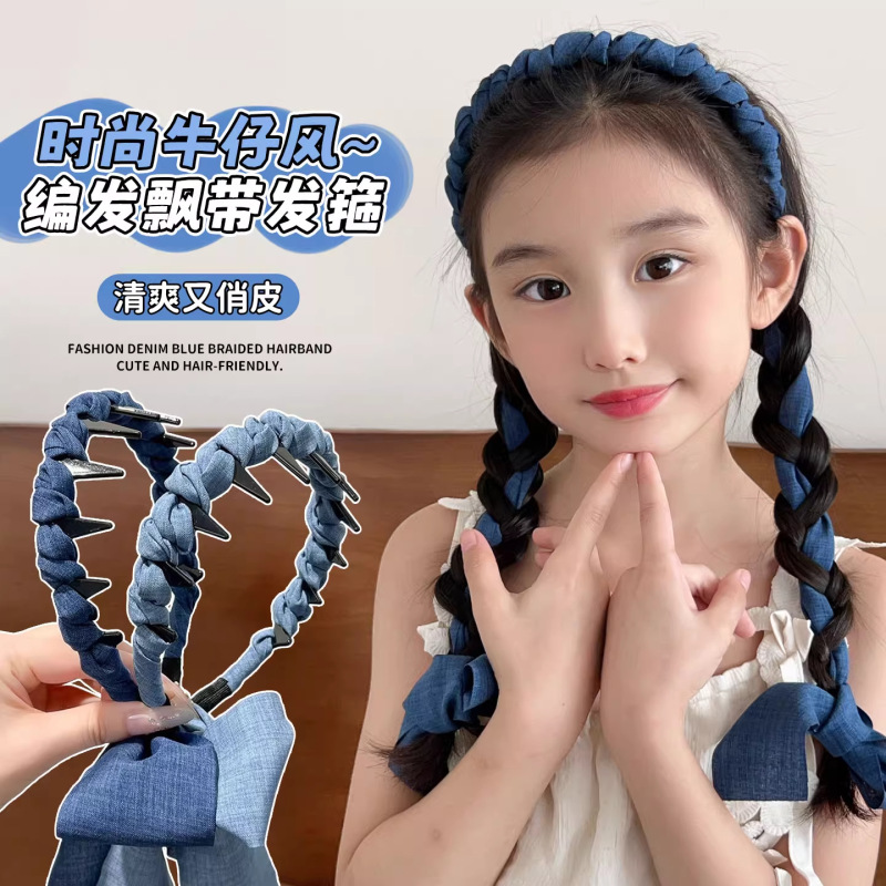 子供用デニムレトロリボン歯コームヘッドバンド、女の子用ヘアタイ、小さな女の子用編み込みヘッドバンド、高頭頂ヘアアクセサリー|undefined
