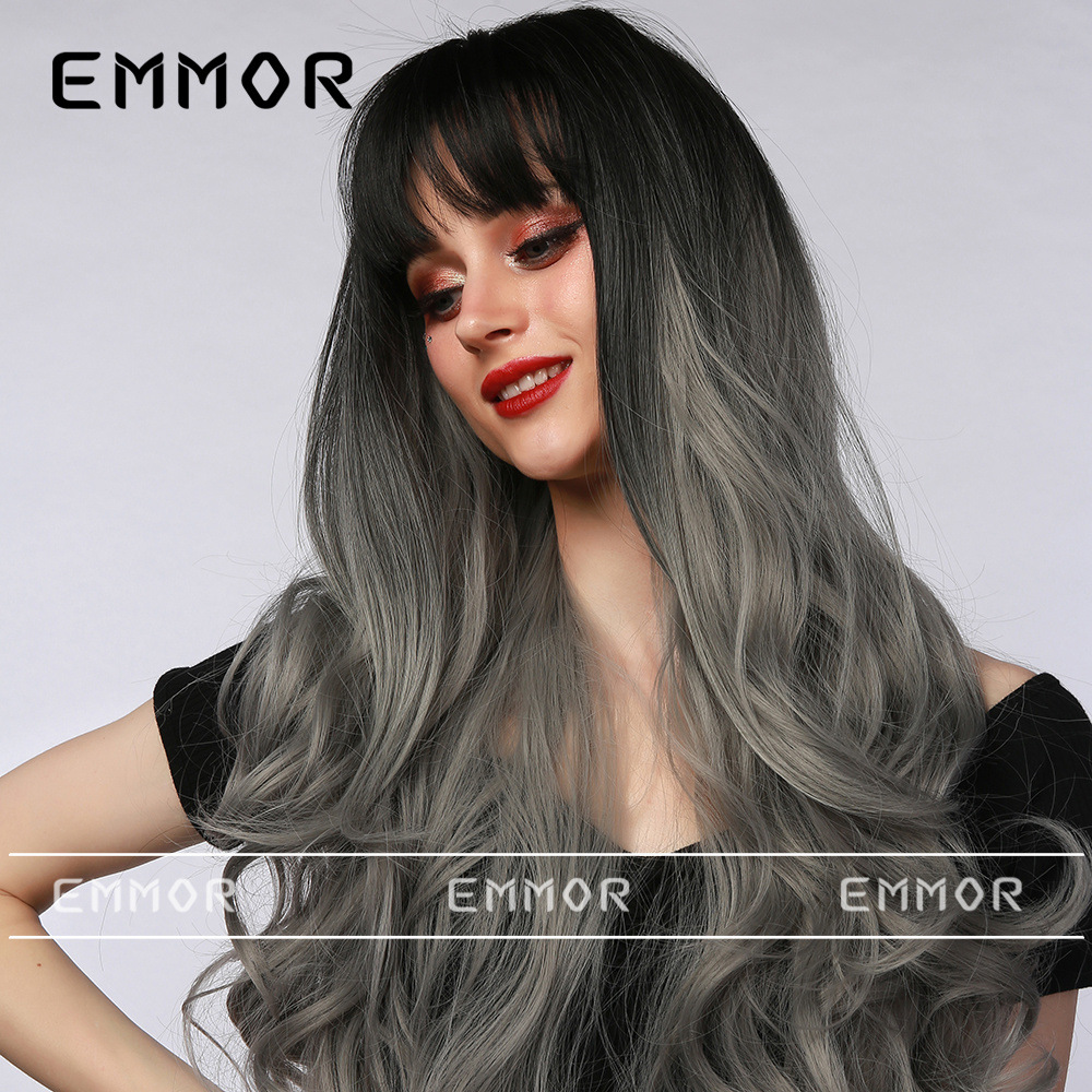 Estilo europeo y americano Cosplay anime Bangs onda grande Pelo Rizado largo Halloween Navidad gradiente gris peluca